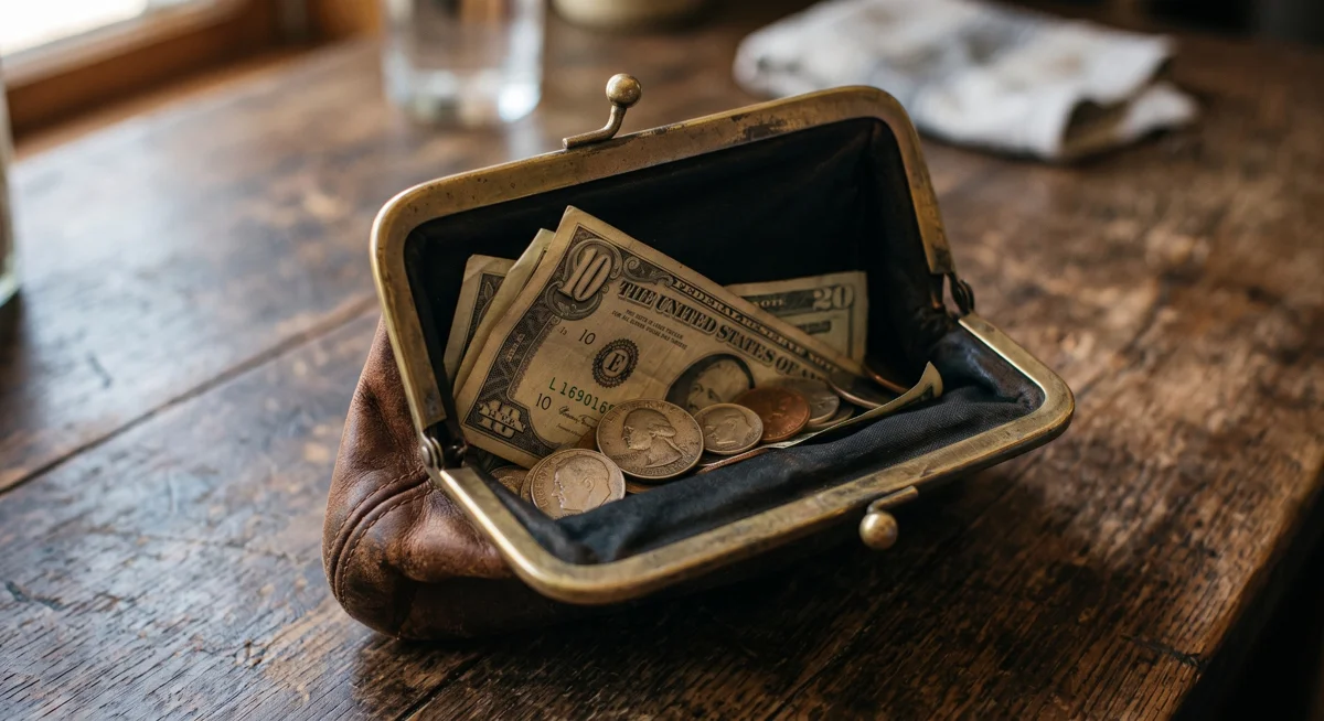 A leather coin purse with banknotes and coins
